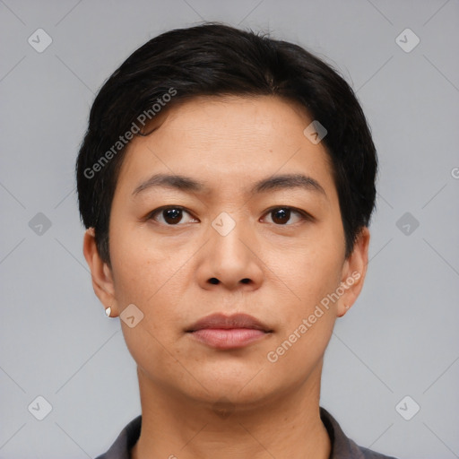 Neutral asian young-adult female with short  black hair and brown eyes