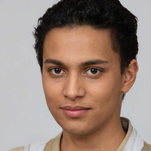 Neutral latino young-adult male with short  brown hair and brown eyes
