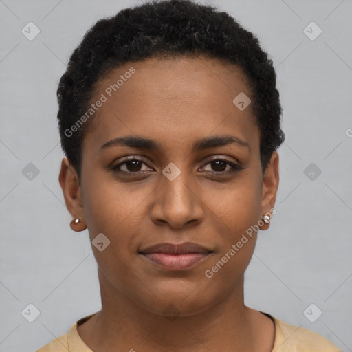 Joyful black young-adult female with short  brown hair and brown eyes