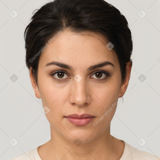 Neutral white young-adult female with short  brown hair and brown eyes