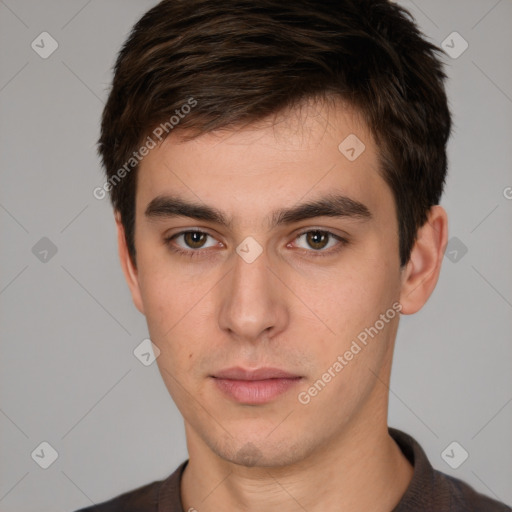 Neutral white young-adult male with short  brown hair and brown eyes