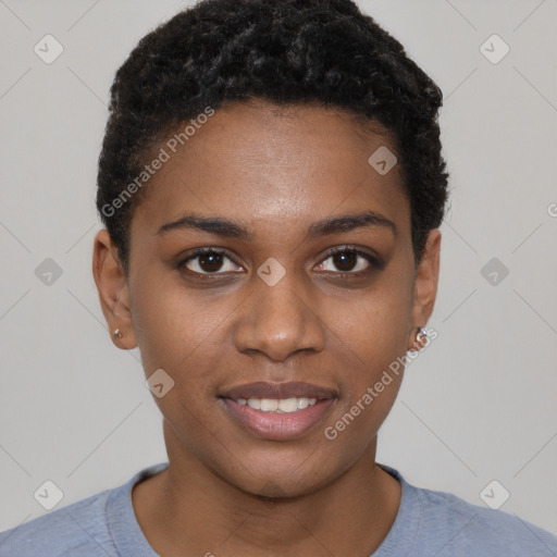 Joyful black young-adult female with short  black hair and brown eyes