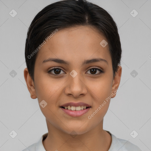 Joyful latino young-adult female with short  brown hair and brown eyes