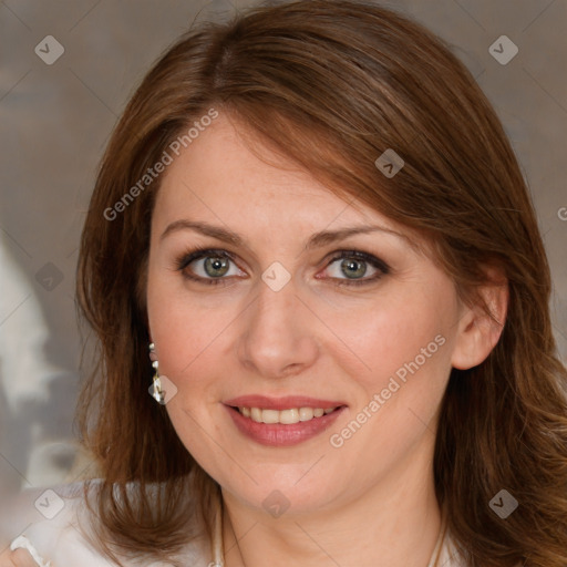 Joyful white young-adult female with medium  brown hair and blue eyes