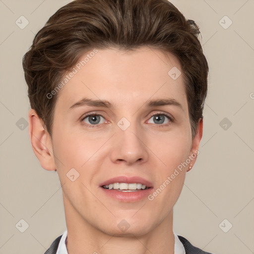 Joyful white young-adult female with short  brown hair and grey eyes