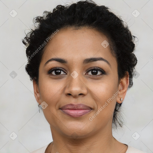 Joyful latino young-adult female with short  brown hair and brown eyes