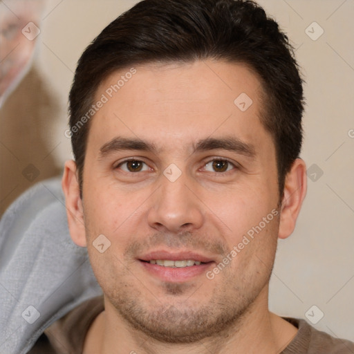 Joyful white young-adult male with short  brown hair and brown eyes