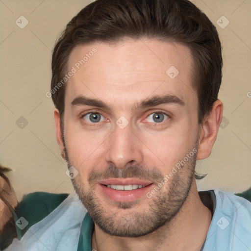 Joyful white young-adult male with short  brown hair and brown eyes