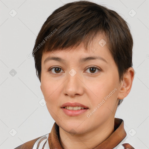 Joyful white young-adult female with short  brown hair and brown eyes