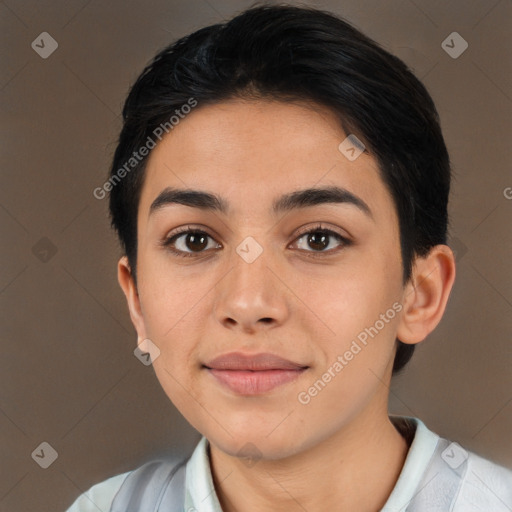 Joyful white young-adult female with short  brown hair and brown eyes