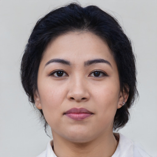 Neutral latino young-adult female with medium  black hair and brown eyes