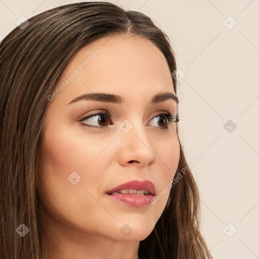 Neutral white young-adult female with long  brown hair and brown eyes