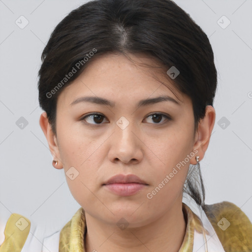 Neutral asian young-adult female with short  brown hair and brown eyes