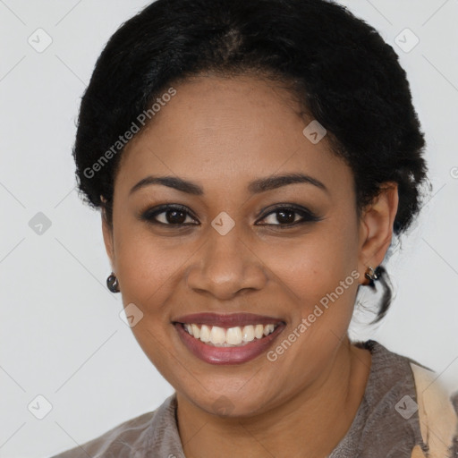 Joyful latino young-adult female with short  black hair and brown eyes
