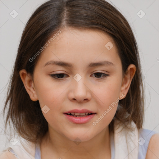 Joyful white child female with medium  brown hair and brown eyes