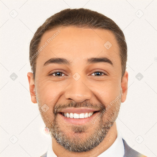 Joyful white young-adult male with short  brown hair and brown eyes