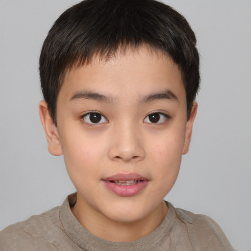 Joyful asian child male with short  brown hair and brown eyes