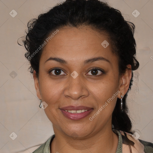 Joyful latino adult female with medium  brown hair and brown eyes