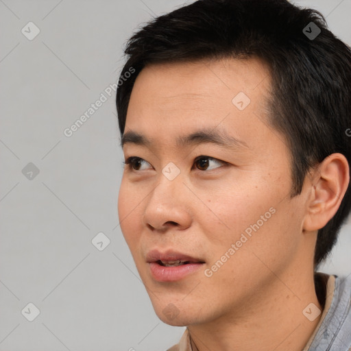 Neutral asian young-adult male with short  black hair and brown eyes