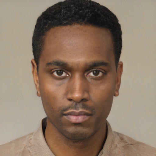 Neutral black young-adult male with short  black hair and brown eyes