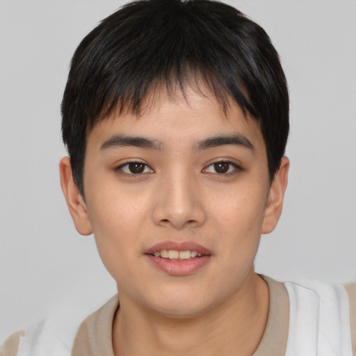 Joyful asian young-adult female with short  brown hair and brown eyes