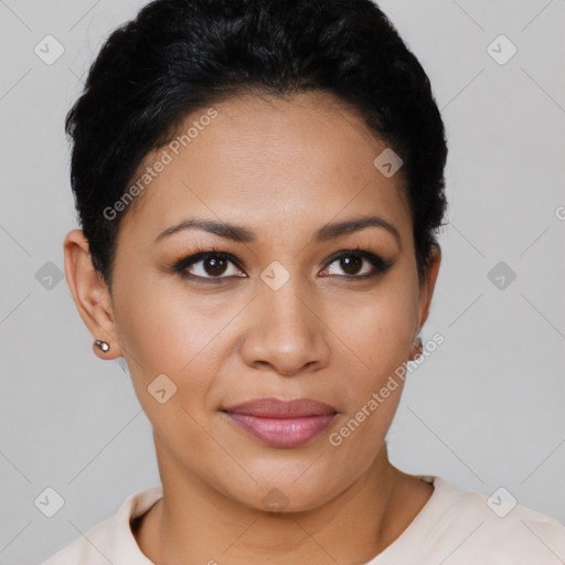 Joyful latino young-adult female with short  black hair and brown eyes