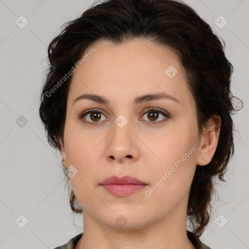 Neutral white young-adult female with medium  brown hair and brown eyes