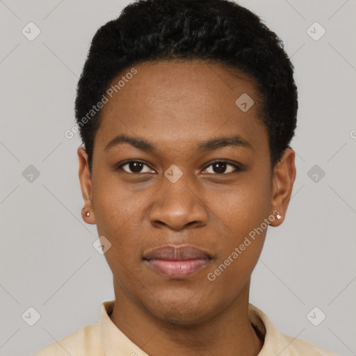 Joyful black young-adult female with short  black hair and brown eyes