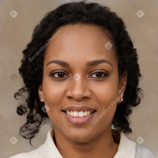 Joyful black young-adult female with medium  black hair and brown eyes