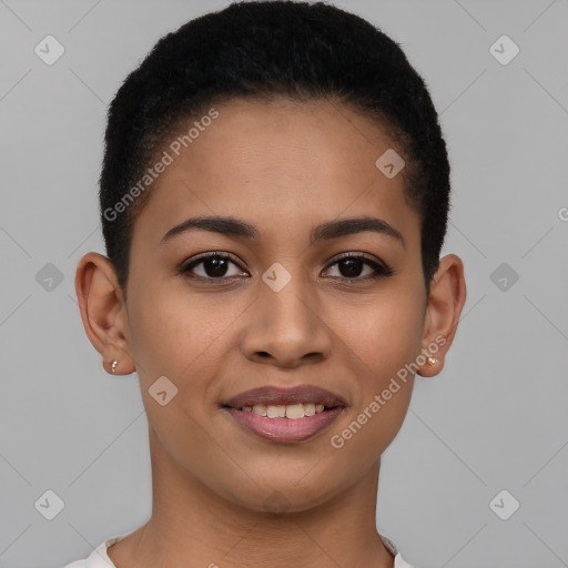 Joyful latino young-adult female with short  brown hair and brown eyes