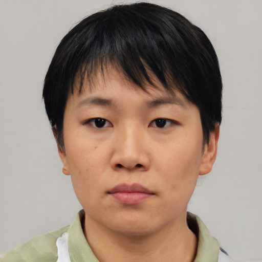 Neutral asian young-adult female with short  black hair and brown eyes