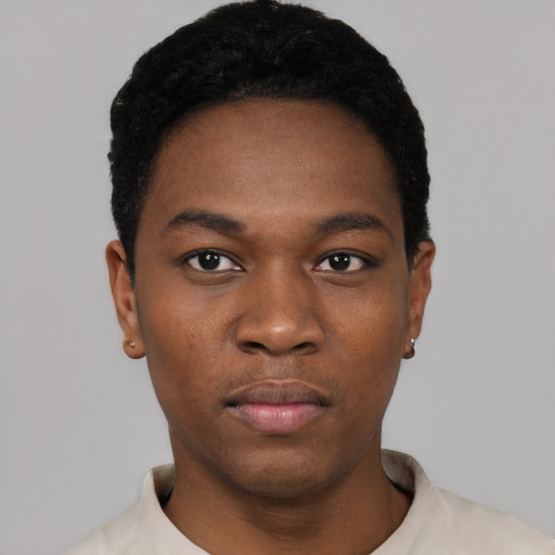Neutral black young-adult male with short  black hair and brown eyes