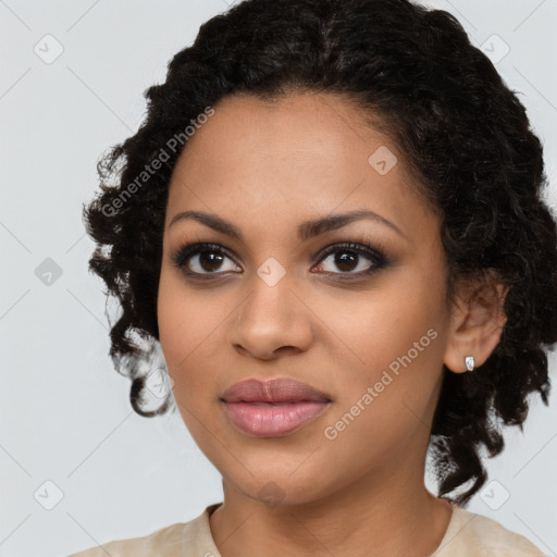 Joyful latino young-adult female with long  black hair and brown eyes