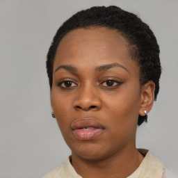 Neutral black young-adult female with short  black hair and brown eyes