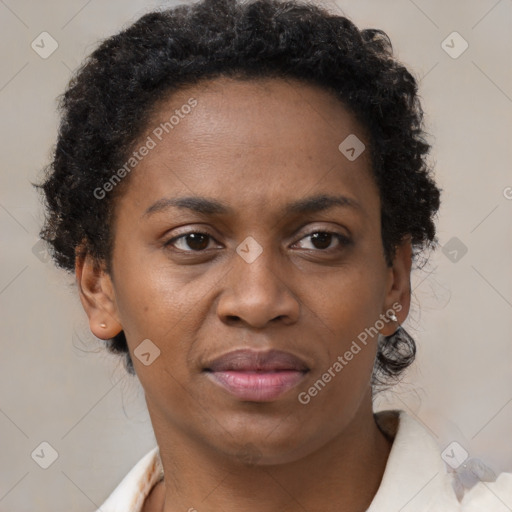 Neutral black adult female with short  brown hair and brown eyes