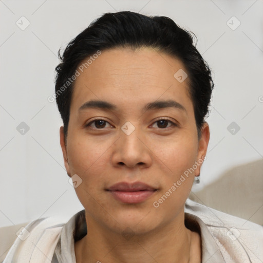 Neutral asian young-adult male with short  black hair and brown eyes