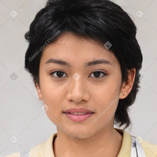 Joyful asian young-adult female with medium  black hair and brown eyes