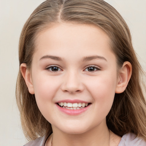 Joyful white child female with medium  brown hair and brown eyes