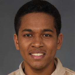 Joyful latino young-adult male with short  brown hair and brown eyes