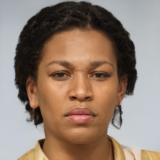 Neutral black young-adult female with short  brown hair and brown eyes