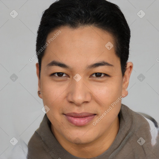 Joyful asian young-adult female with short  brown hair and brown eyes