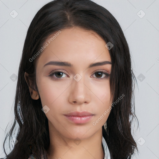 Neutral asian young-adult female with long  black hair and brown eyes