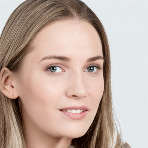 Neutral white young-adult female with long  brown hair and grey eyes