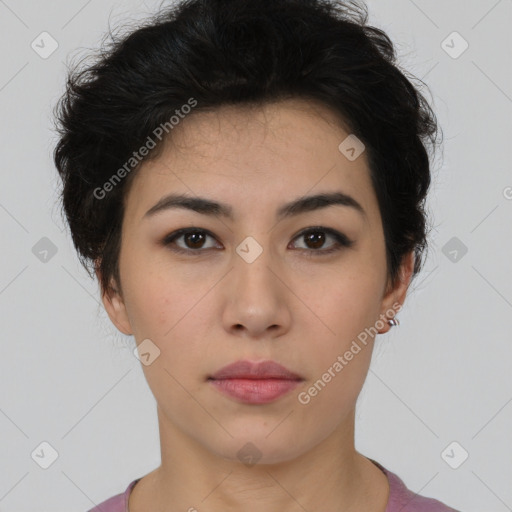 Neutral white young-adult female with short  brown hair and brown eyes