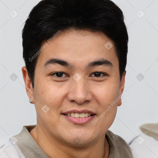 Joyful white young-adult male with short  brown hair and brown eyes