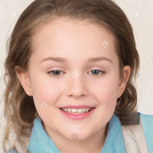 Joyful white child female with medium  brown hair and grey eyes