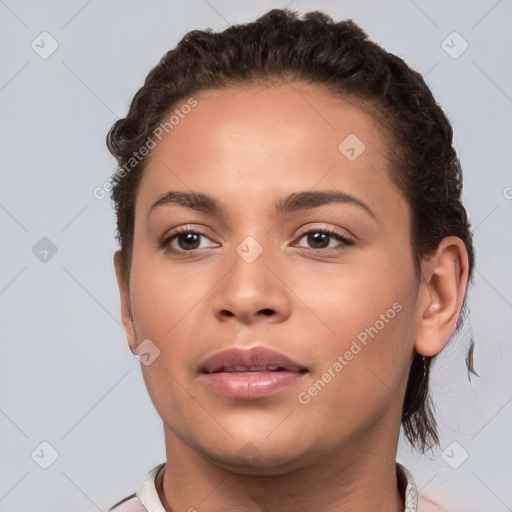 Neutral white young-adult female with short  brown hair and brown eyes