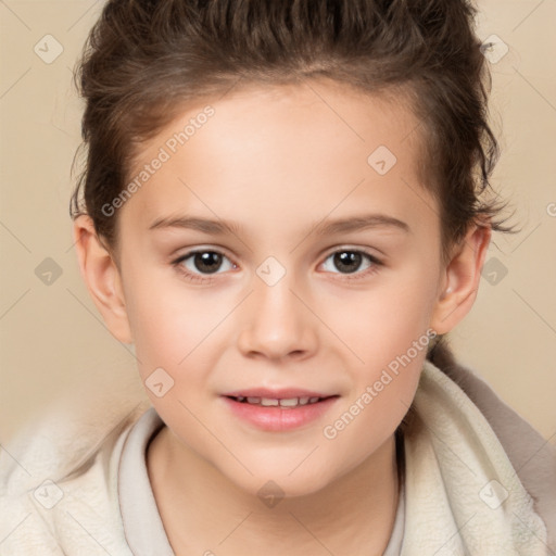 Joyful white child female with short  brown hair and brown eyes