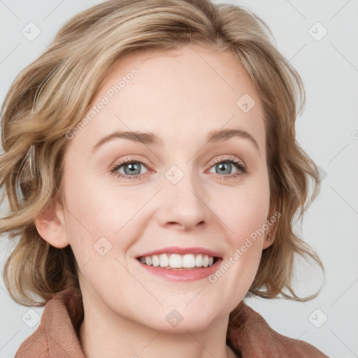 Joyful white young-adult female with medium  brown hair and blue eyes