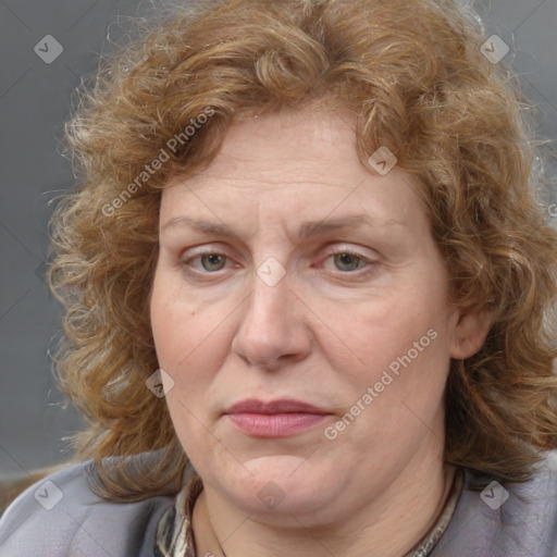 Joyful white adult female with medium  brown hair and blue eyes